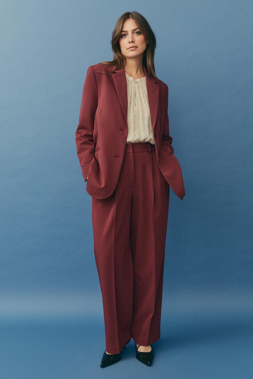 Jax Blazer - Tawny Port, Dornessa Blouse - Oxford Tan, Pryscian Trousers - Tawny Port