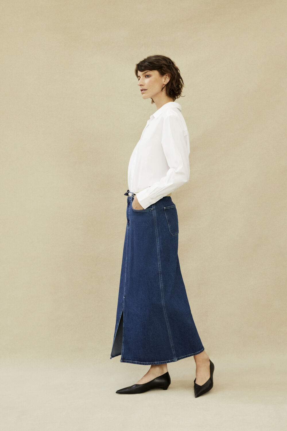 Imma Shirt - White, Seraphina Denim Skirt - Blue Denim