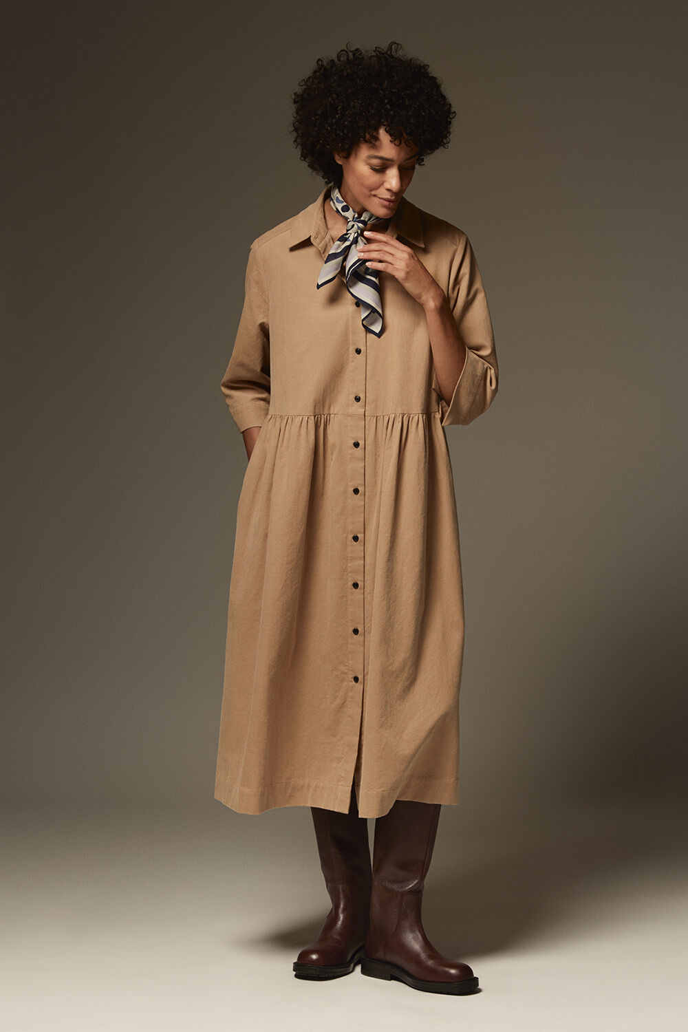 Nynisla Shirt Dress - Travertine, Alondro Scarf - Seagrass