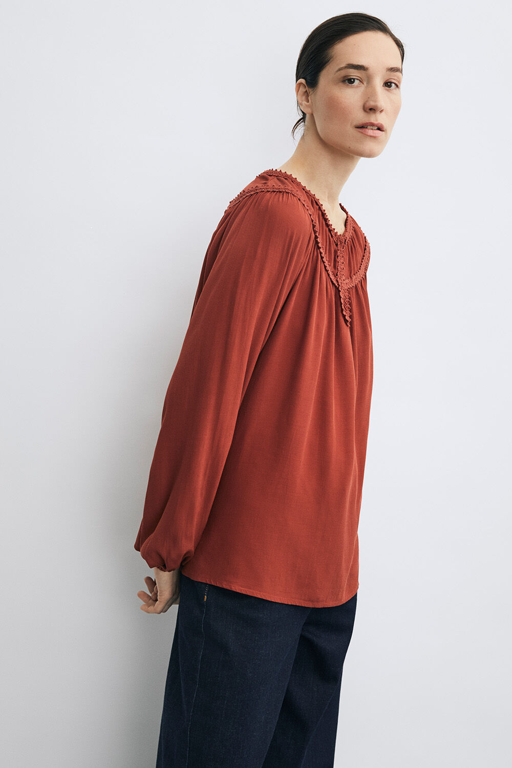 Delira Blouse - Russet Brown, Passang Denim Trousers - Dark Denim