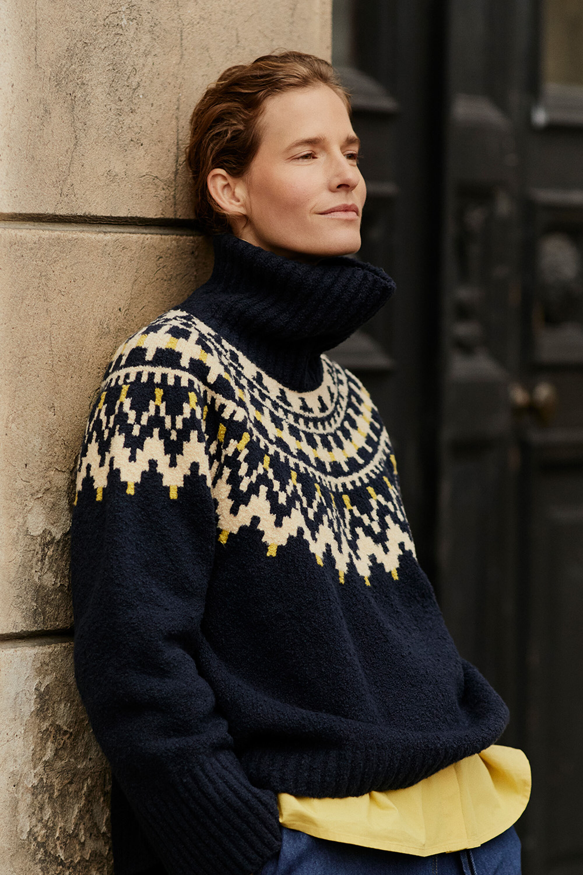 Fatima Pullover - Navy Blazer, Imma Shirt - Golden Green, Polyxena Denim Trousers - Dark Denim